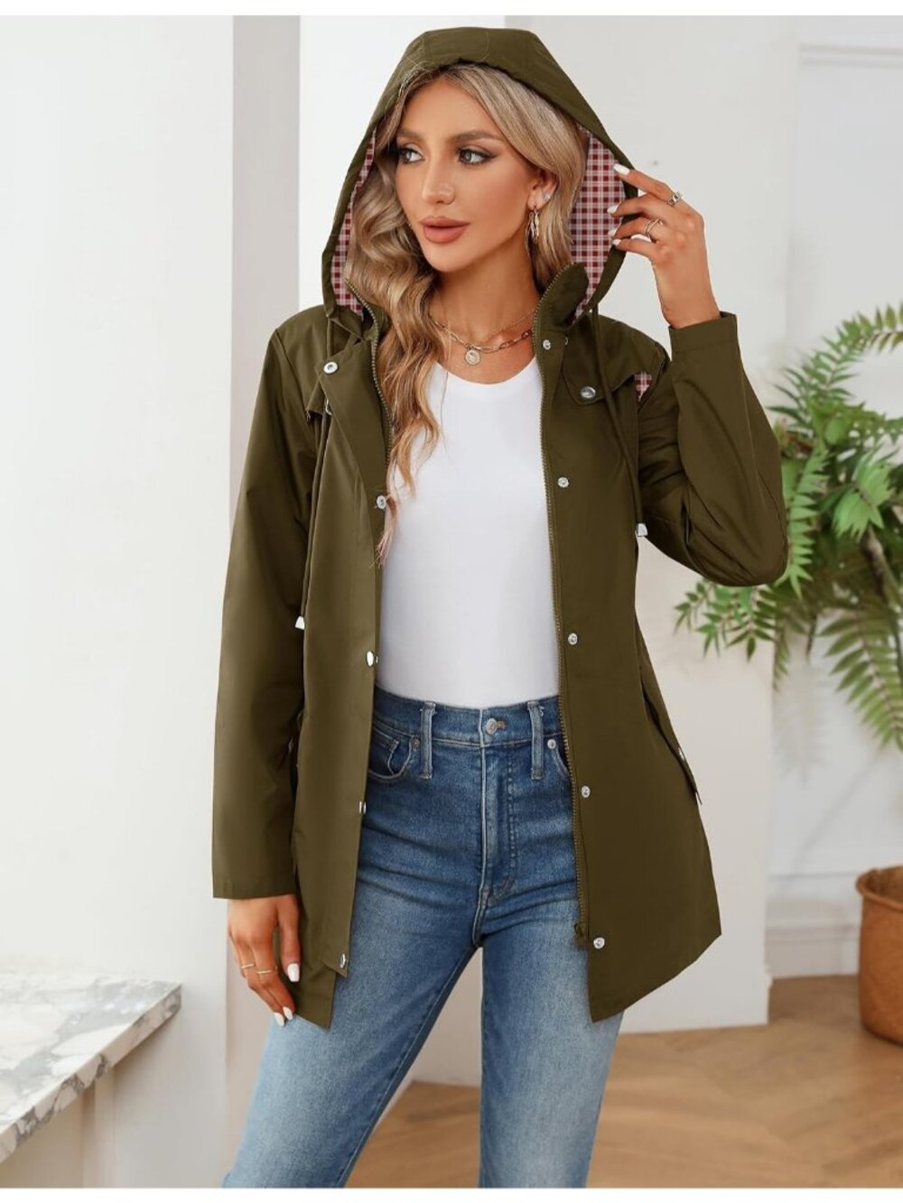 Women's Army Green Waterproof Outdoor Hiking Raincoat Lightweight Hooded Jackets - Picture 3 of 6